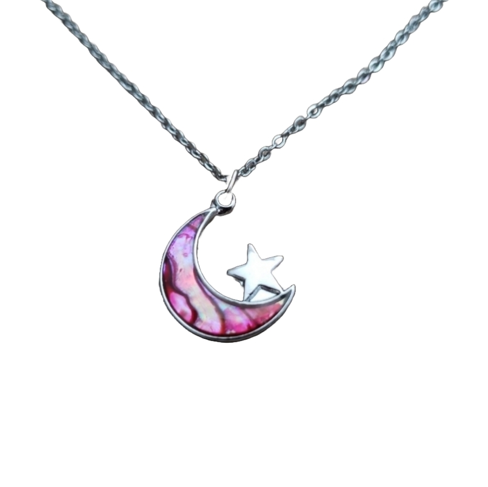 Crescent Moon Star Necklace Pink Mother Of Pearl Silver Tone